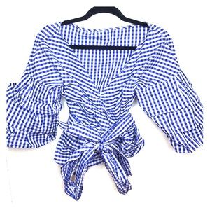 Navy Gingham Billow Sleeve Surplice Wrap Blouse