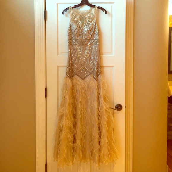 Sue Wong Floor Length beaded feather dress.