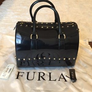 100% Auth. Furla Black Gloss Studded Candy Bag!