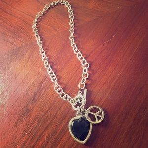 Black heart and peace sign chain necklace