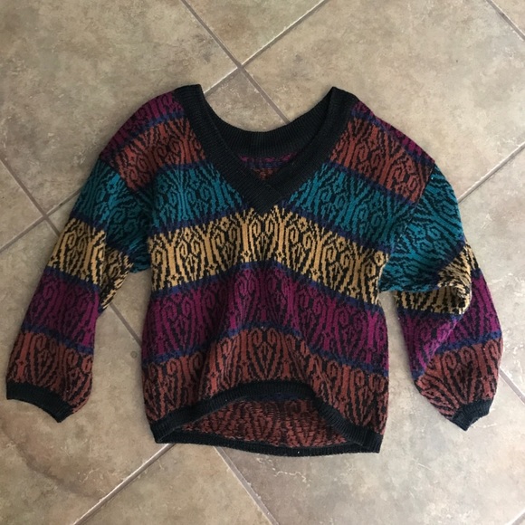 80s Style Cuffed V neck Sweater