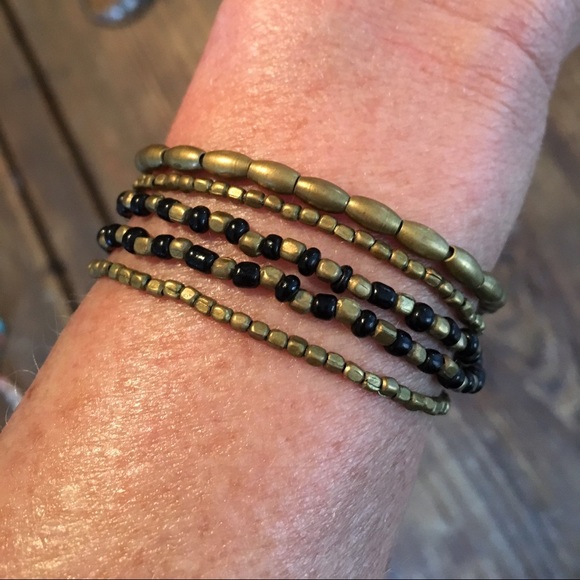 Brass and black bead multi strand bracelet