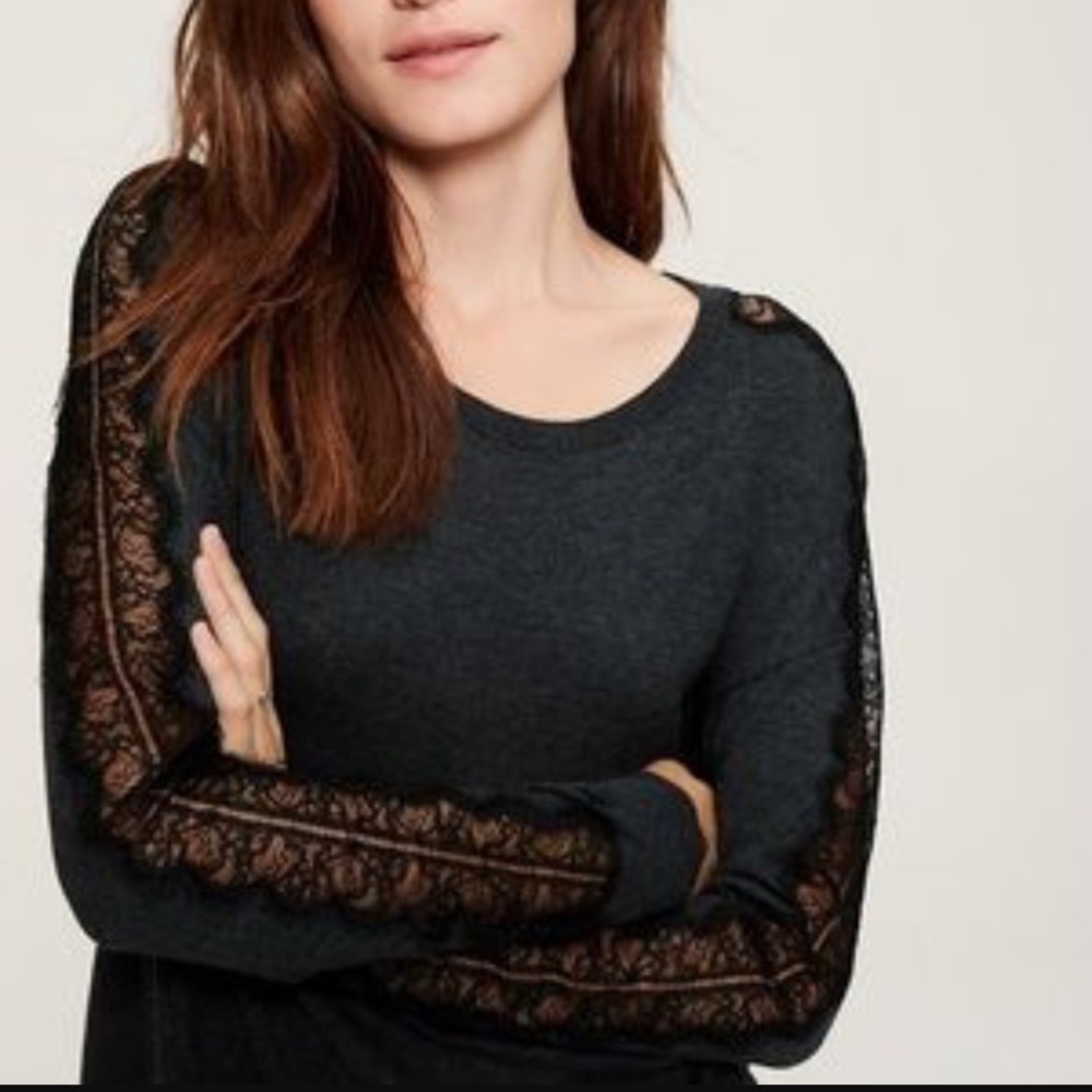 LOFT Gray w/ Black Lace Sleeve Sweater sz:M