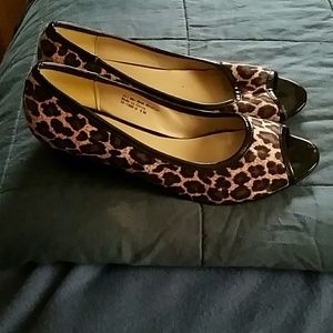 Size 9M Leopard Print Peep Toe Wedges, Barely Worn