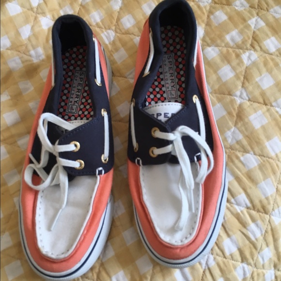 Navy blue, white and coral sperrys