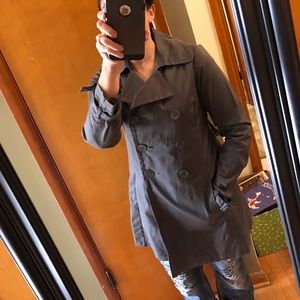 Gray medium trench coat.
