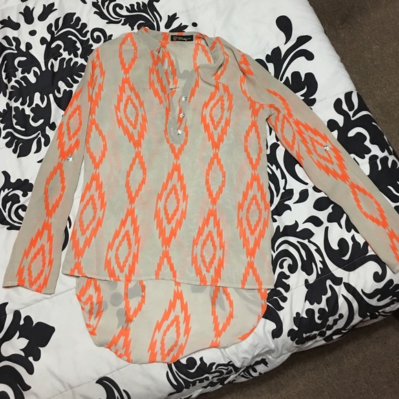 Tan with Orange Print Long Sleeve Blouse