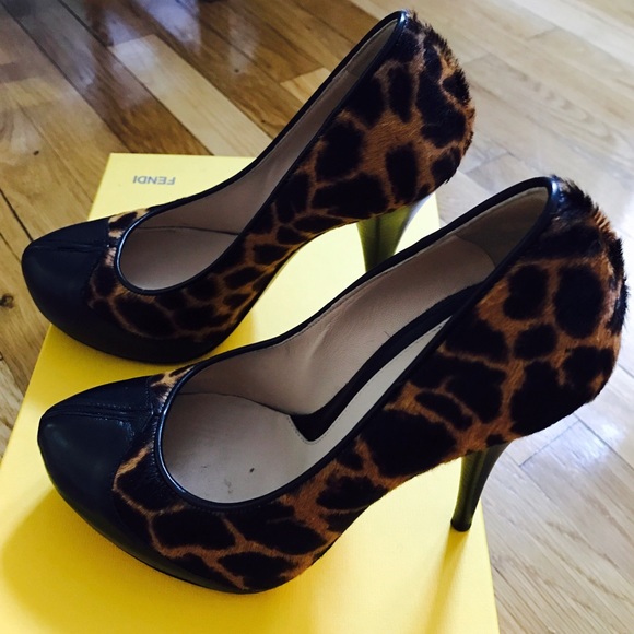 FENDI Leopard Print Pony Hair Platform Logo Decollete Pumps  FENDI LEOPARD PONY HAIR PLATFORM PUMPS 37