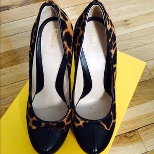 FENDI LEOPARD PONY HAIR PLATFORM PUMPS 37