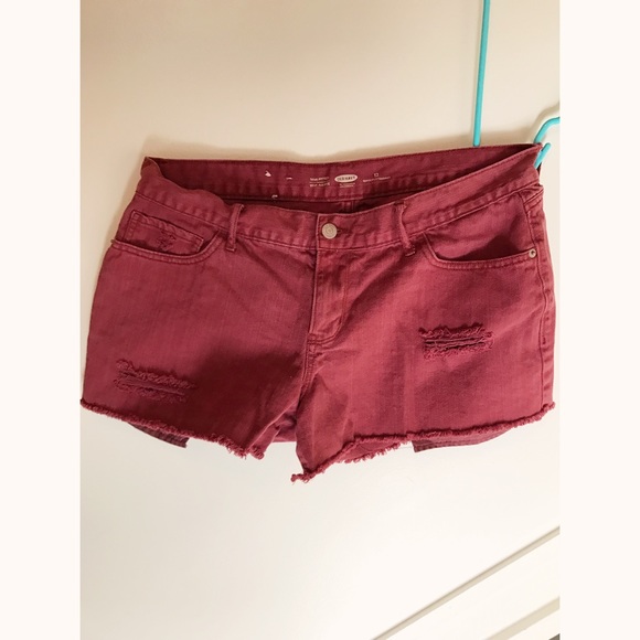 Red Denim Distressed Shorts