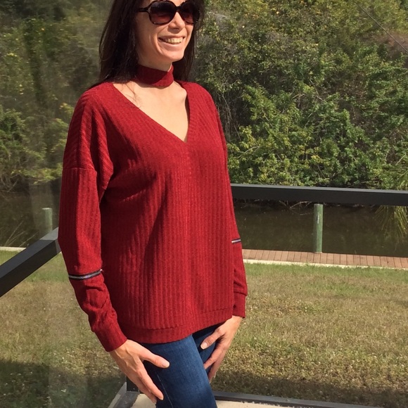 Red Ribbed Choker Sweater - Picture 2 of 3