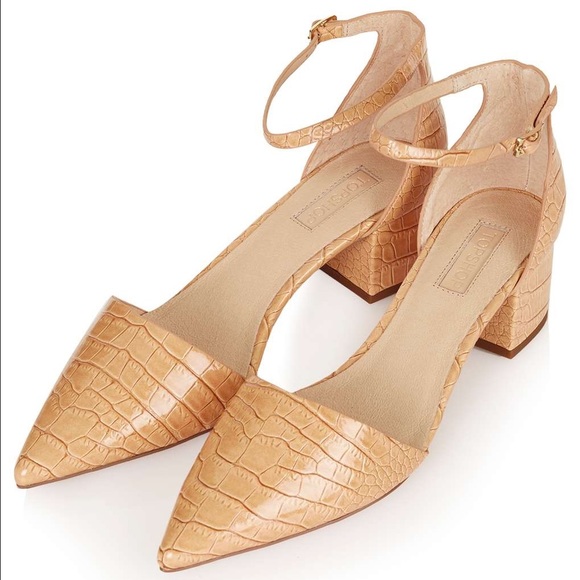 TOPSHOP Point Toe Mid-Heel Croc-Effect Shoe - Tan