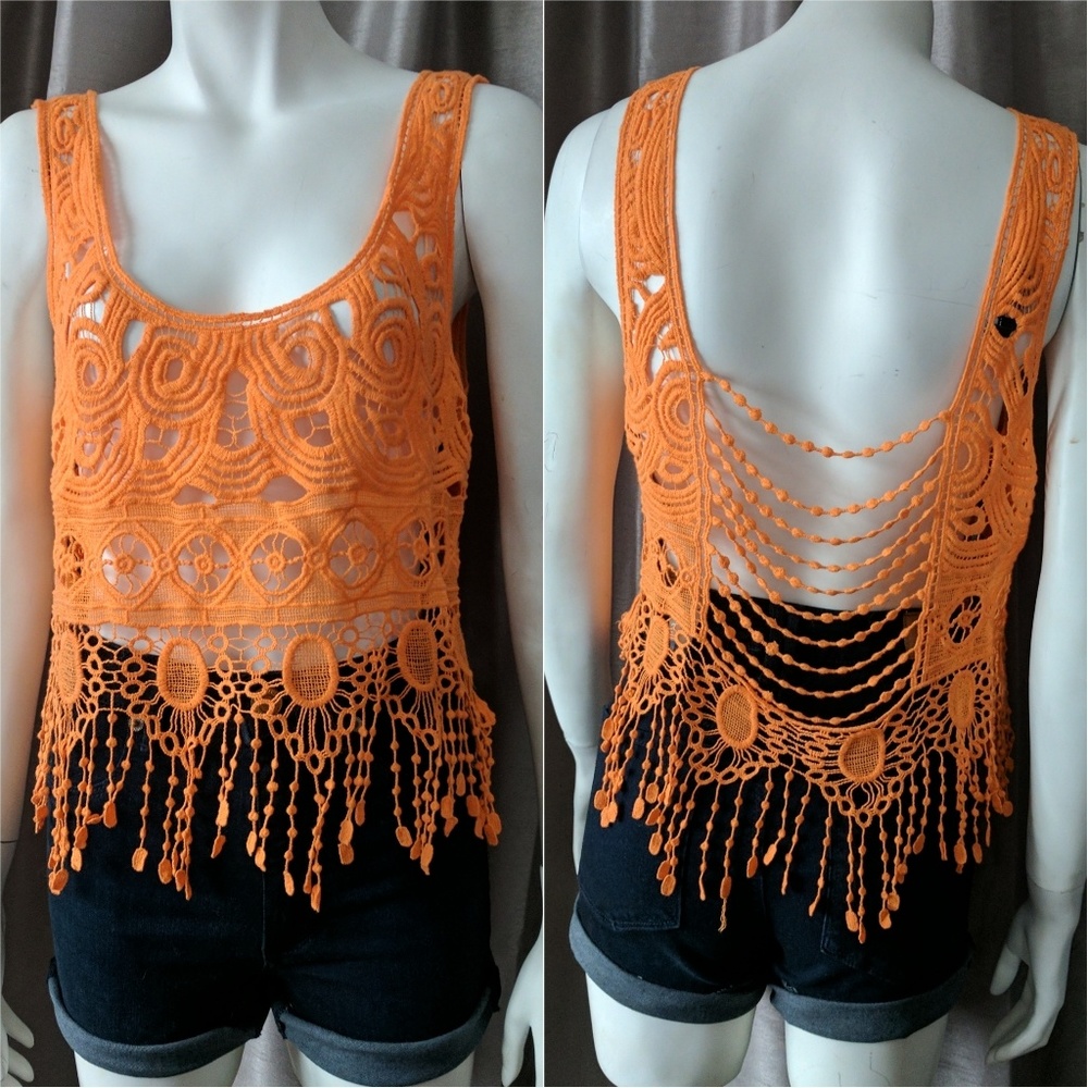 Bebe Orange Crochet Fringe Top Small