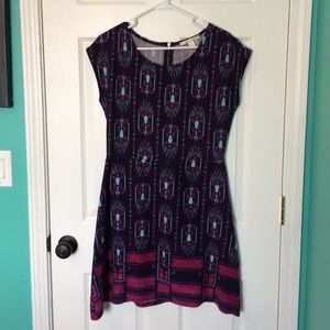 Print dress - navy blue, light blue, and purple
