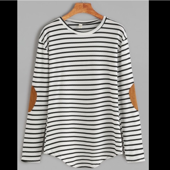 ✨Just In!✨New White Striped Suede Elbow Patch Top