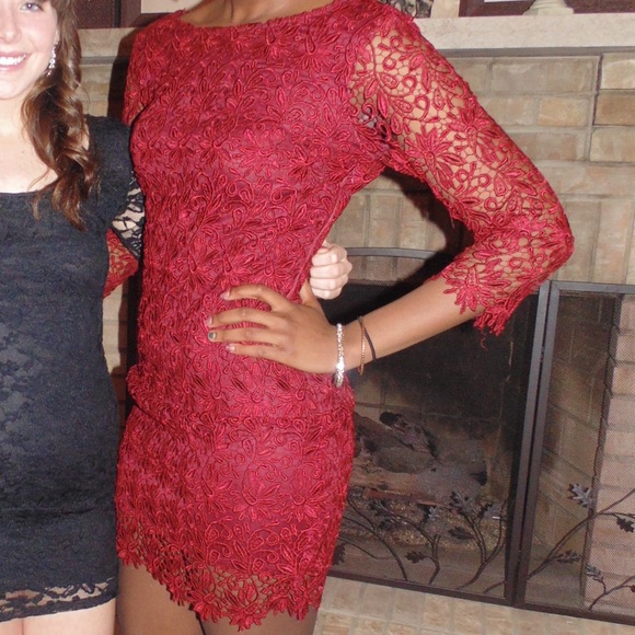 Burgundy Embroidered Short Dress - Picture 3 of 4