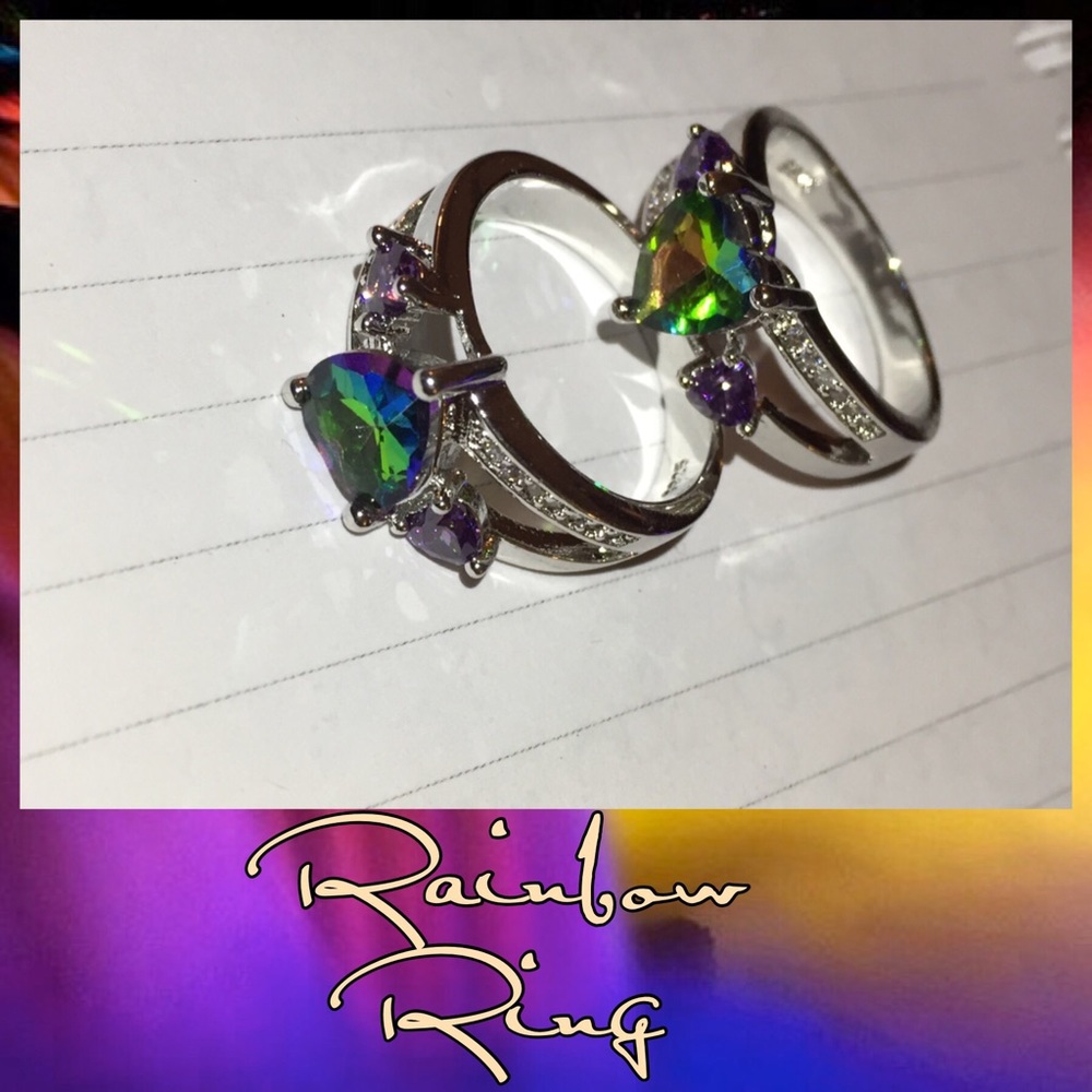 Mystic Topaz + Amethyst Heart Cut 925 Silver Ring - Picture 2 of 3