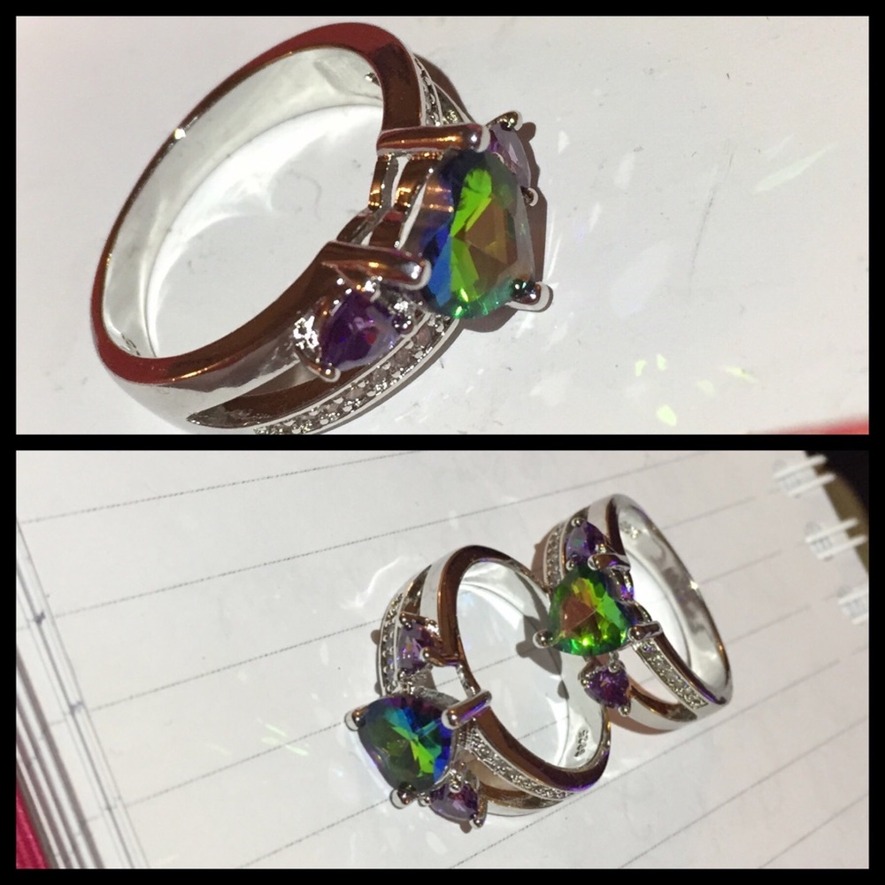Mystic Topaz + Amethyst Heart Cut 925 Silver Ring - Picture 3 of 3