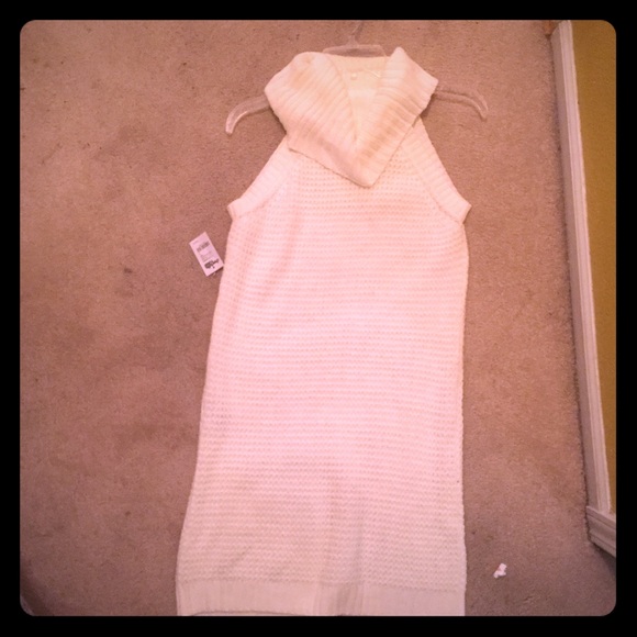 White cowl neck sleeveless sweater dress