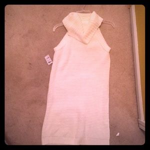 White cowl neck sleeveless sweater dress