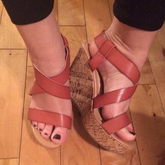 Shoes - Brown Strappy Platform Wedges with Cork Heel