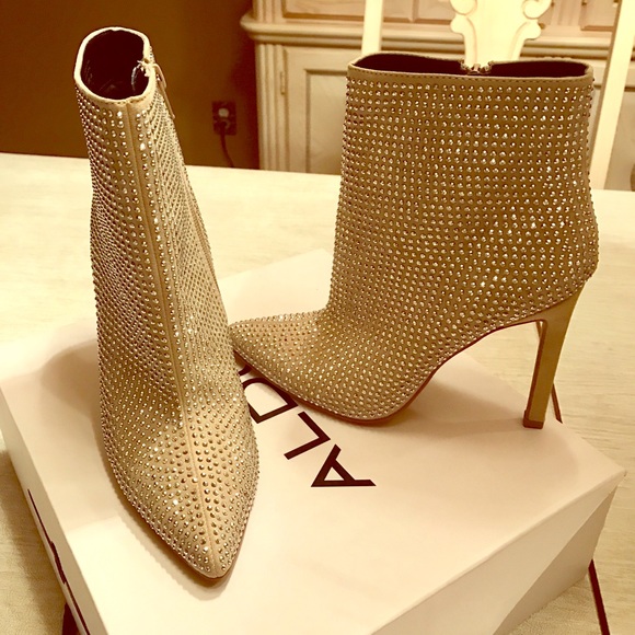 ALDO CREAM STUDDED HIGH HEEL BOOTIES