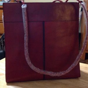 Red Leather Shoulder Tote- genuine leather
