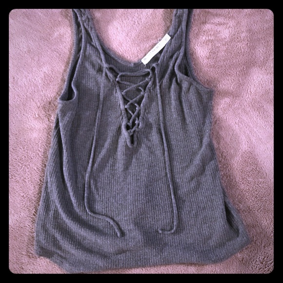 Gray ribbed Laceup tank - Picture 1 of 4