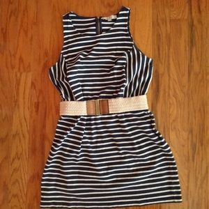 LOFT Navy Striped Knit Dress with Belt