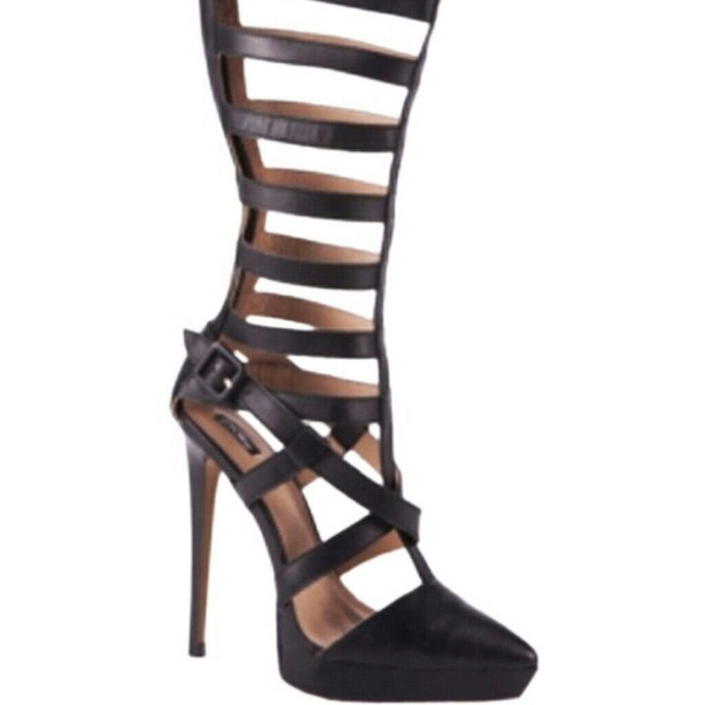 Ziginy Black Leather Knee High Heels - Picture 2 of 5