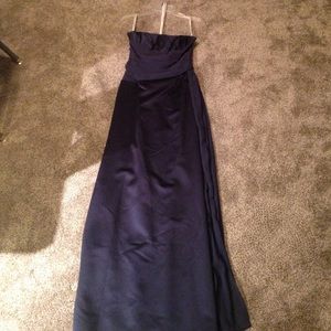 Navy full length strapless A line ball gown