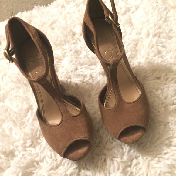 Brown Suede Peep Toe Wedge