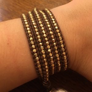 Chan Luu brown leather and gold bead bracelet