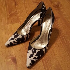 Anne Klein black and cream floral satin heels