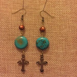 Boho turquoise and gold cross dangle earrings.