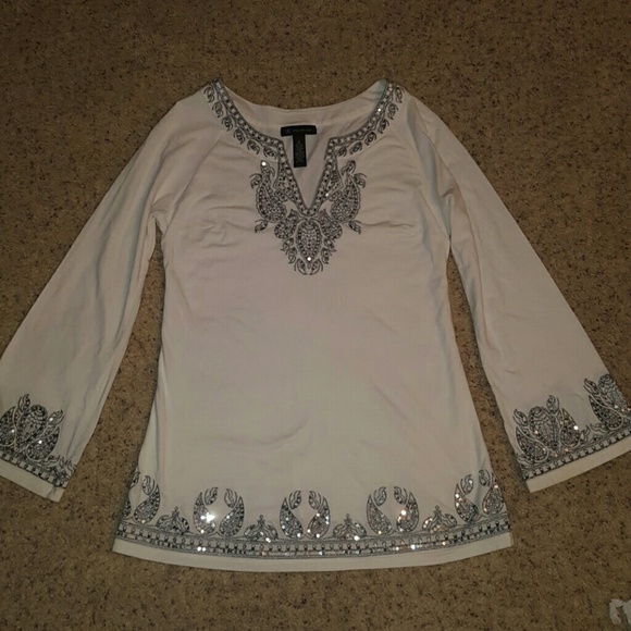 INC cream long sleeve shirt with silver sequins - Picture 1 of 2