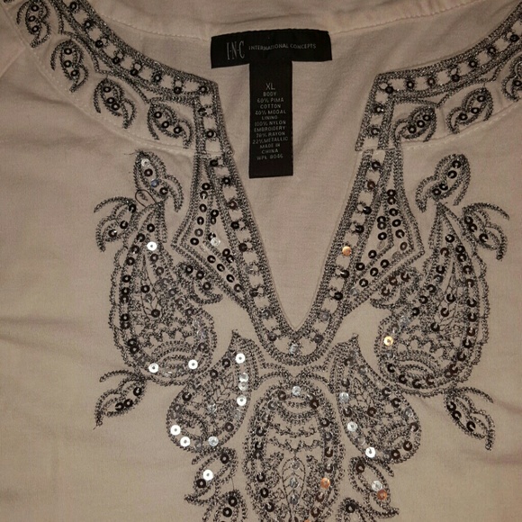 INC cream long sleeve shirt with silver sequins - Picture 2 of 2