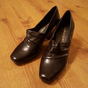 Rich chocolate brown leather slip-on heels