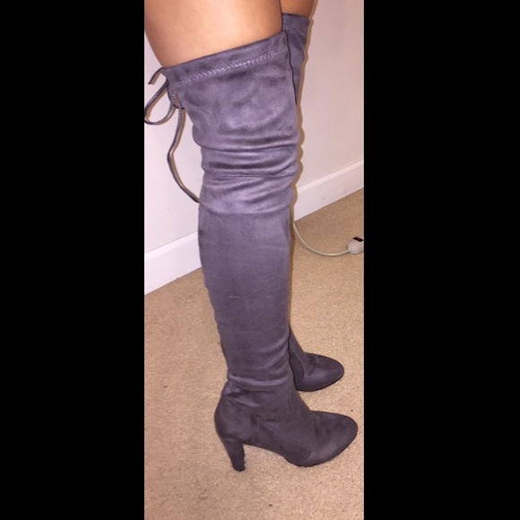 Tan Zipper Suede Boots Almond Toe Chunky Heel Thigh High  Thigh High Suede Boots
