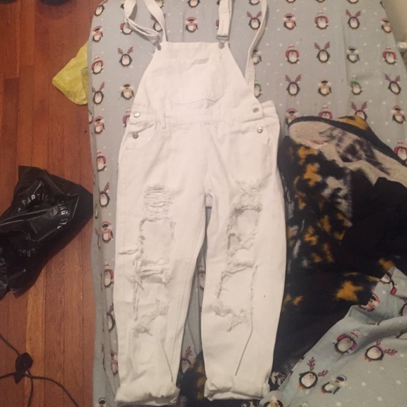White distressed overalls