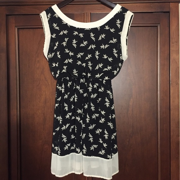 Black dress with off-white/cream dove print
