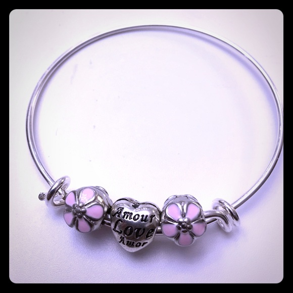 New Silver bangle PINK Enamel Floral & Love Beads.