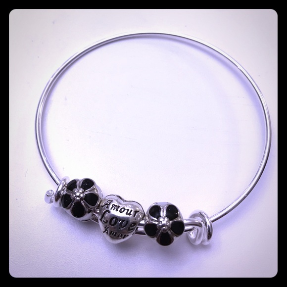 New Silver bangle Black Enamel Floral&Love Beads