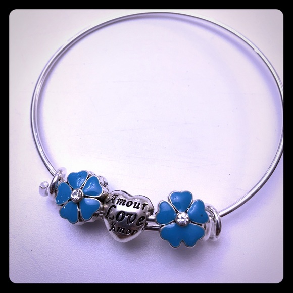 New Silver Bangle Blue Enamel Floral & Love Beads