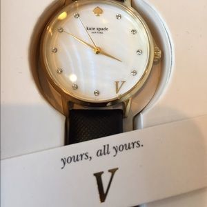 kate spade Goldtone Monogram Black Leather Watch