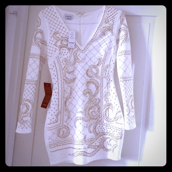 White Bebe  quilted dress with gold accents on top - Picture 2 of 5