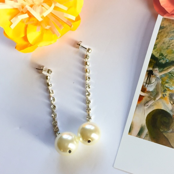 Dangle Pearl and Rhinestone Costume Earrings - Picture 2 of 2