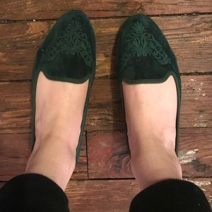 Green Velvet Loafers with Brocade Detailing