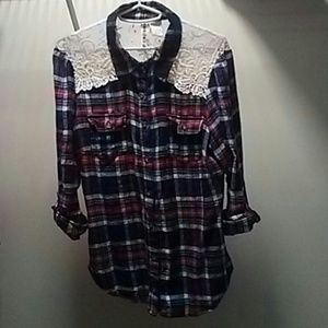 EUC crochet and lace flannel buton down top