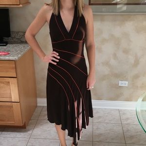 Mid-length, asymmetrical, halter dress